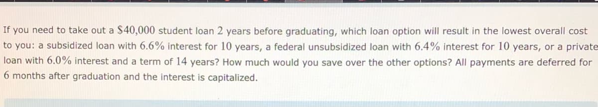 If you need to take out a $40,000 student loan 2 years before graduating, which loan option will result in the lowest overall cost
to you: a subsidized loan with 6.6% interest for 10 years, a federal unsubsidized loan with 6.4% interest for 10 years, or a private
loan with 6.0% interest and a term of 14 years? How much would you save over the other options? All payments are deferred for
6 months after graduation and the interest is capitalized.
