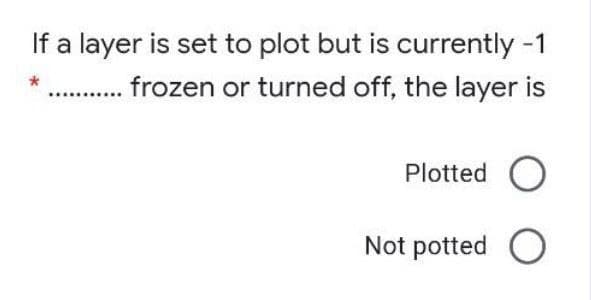 If a layer is set to plot but is currently -1
frozen or turned off, the layer is
Plotted O
Not potted O
