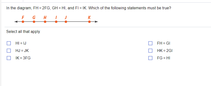 In the diagram, FH = 2FG, GH = HI, and FI = IK. Which of the following statements must be true?
G
H
K
Select all that apply.
HI = IJ
FH = GI
HJ = JK
HK = 2GI
IK = 3FG
FG = HI

