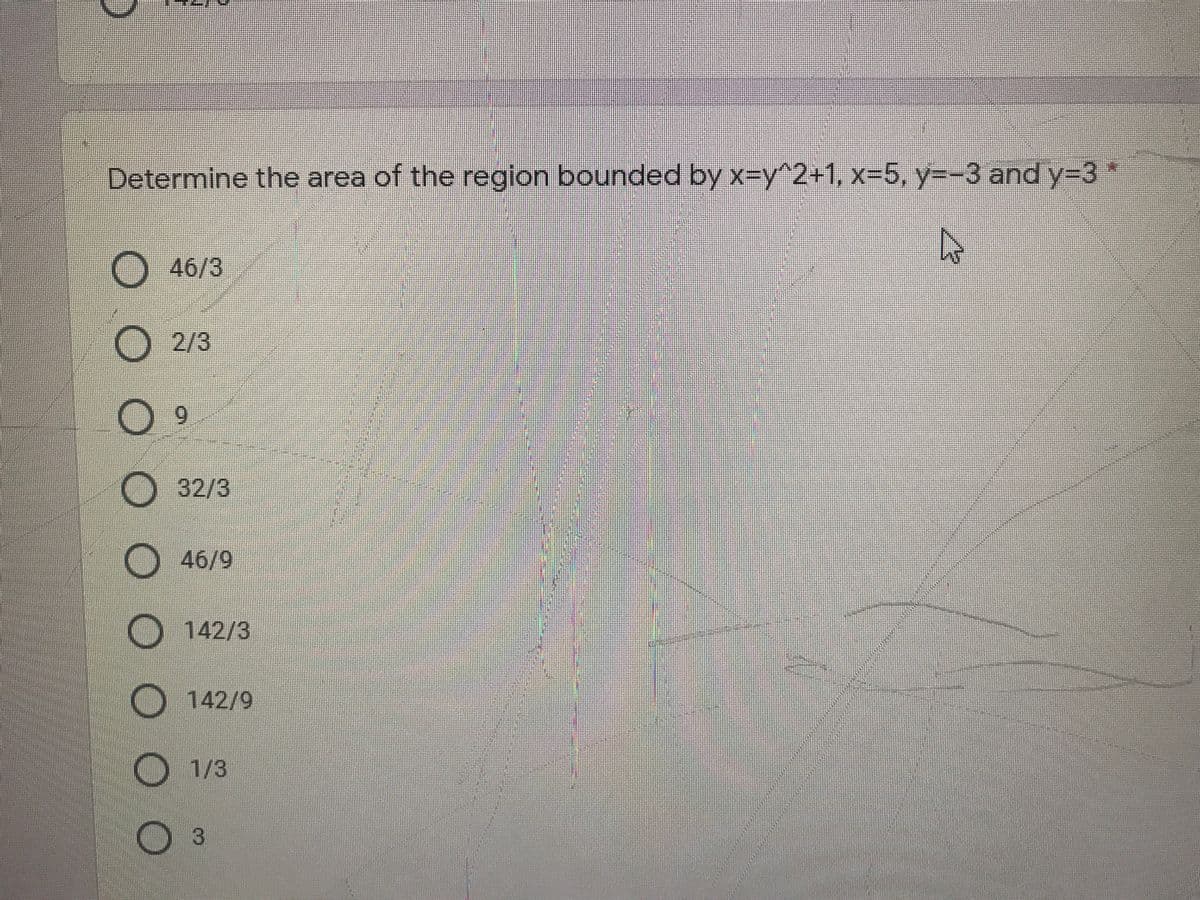 Determine the area of the region bounded by x-Dy^2+1, x-5, y=-3 and y=3 *
46/3
0
2/3
6.
32/3
O46/9
142/3
O 142/9
O 1/3
03
