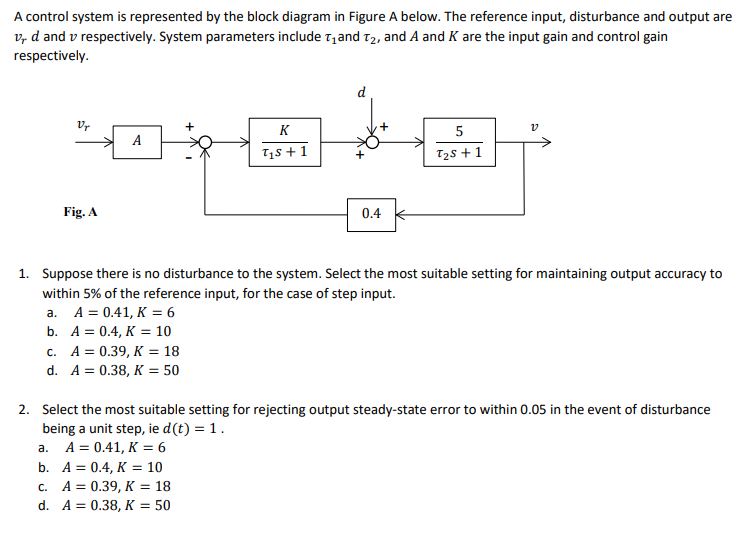 A control system is represented by the block diagram in Figure A below. The reference input, disturbance and output are
v, d and v respectively. System parameters include t,and t2, and A and K are the input gain and control gain
respectively.
d
Vr
K
5
A
T1s +1
T2s + 1
Fig. A
0.4 k
1. Suppose there is no disturbance to the system. Select the most suitable setting for maintaining output accuracy to
within 5% of the reference input, for the case of step input.
a. A = 0.41, K = 6
b. A = 0.4, K = 10
с. А%3D0.39, К %3D18
d. A = 0.38, K = 50
2. Select the most suitable setting for rejecting output steady-state error to within 0.05 in the event of disturbance
being a unit step, ie d(t) = 1.
а.
A = 0.41, K = 6
b. A = 0.4, K = 10
с. А%3D0.39, К %3 18
d. A = 0.38, K = 50
