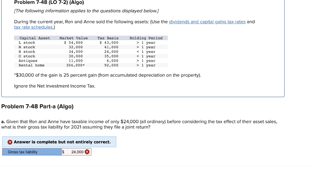 Problem 7-48 (LO 7-2) (Algo)
[The following information applies to the questions displayed below.]
During the current year, Ron and Anne sold the following assets: (Use the dividends and capital gains tax rates and
tax rate schedules.)
Holding Period
> 1 year
> 1 year
< 1 year
< 1 year
> 1 year
> 1 year
*$30,000 of the gain is 25 percent gain (from accumulated depreciation on the property).
Ignore the Net Investment Income Tax.
Capital Asset
L stock
M stock
N stock
0 stock
Antiques
Rental home
Market Value
$ 54,000
32,000
34,000
30,000
11,000
304,000*
Problem 7-48 Part-a (Algo)
Tax Basis
$ 43,000
41,000
24,000
35,000
6,000
92,000
a. Given that Ron and Anne have taxable income of only $24,000 (all ordinary) before considering the tax effect of their asset sales,
what is their gross tax liability for 2021 assuming they file a joint return?
Ansv is complete but not entirely correct
Gross tax liability
$ 24,000 X