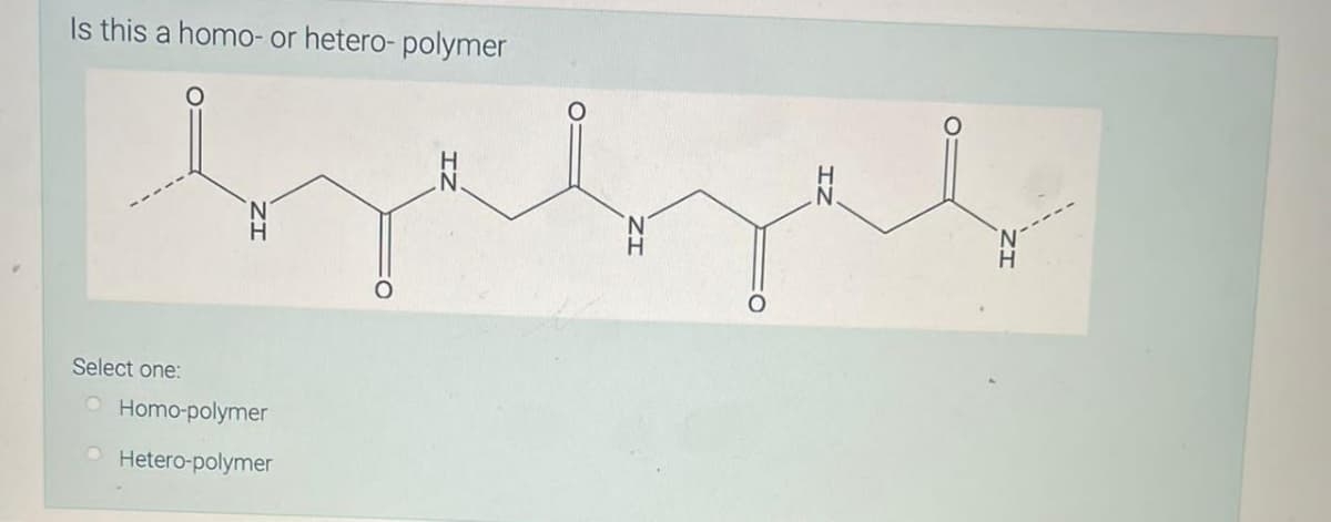 Is this a homo- or hetero- polymer
вредув
N
Select one:
O Homo-polymer
Hetero-polymer