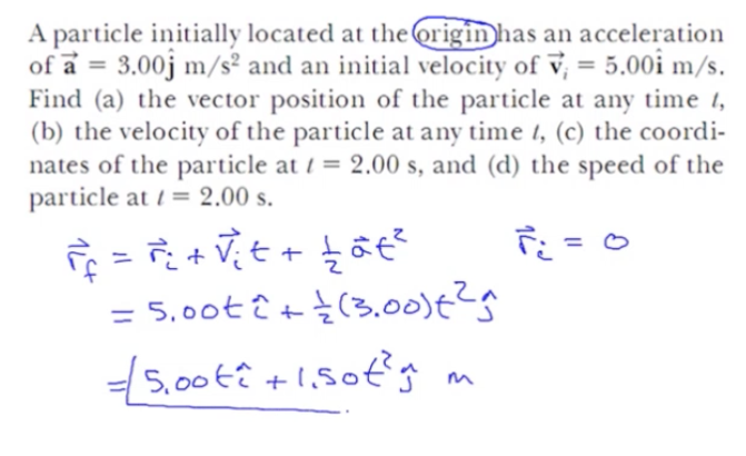 A particle initially located at theorigin has an acceleration
of a = 3.00j m/s² and an initial velocity of v, = 5.00i m/s.
Find (a) the vector position of the particle at any time t,
(b) the velocity of the particle at any time 1, (c) the coordi-
nates of the particle at 1 = 2.00 s, and (d) the speed of the
particle at 1 = 2.00 s.
%3D
= 5.00t +늘(3.00)€25
-5,00ti +1,Sot's
