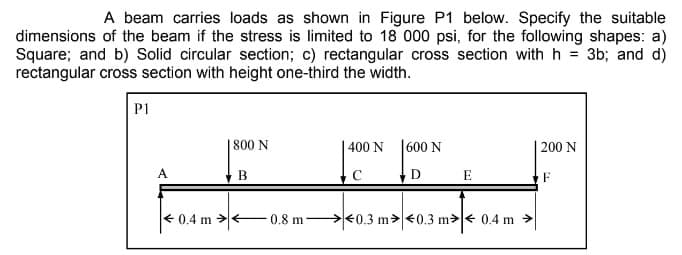 A beam carries loads as shown in Figure P1 below. Specify the suitable
dimensions of the beam if the stress is limited to 18 000 psi, for the following shapes: a)
Square; and b) Solid circular section; c) rectangular cross section with h = 3b; and d)
rectangular cross section with height one-third the width.
P1
A
0.4 m
800 N
B
0.8 m
400 N
C
600 N
D
E
0.3 m<0.3 m 0.4 m
200 N
F