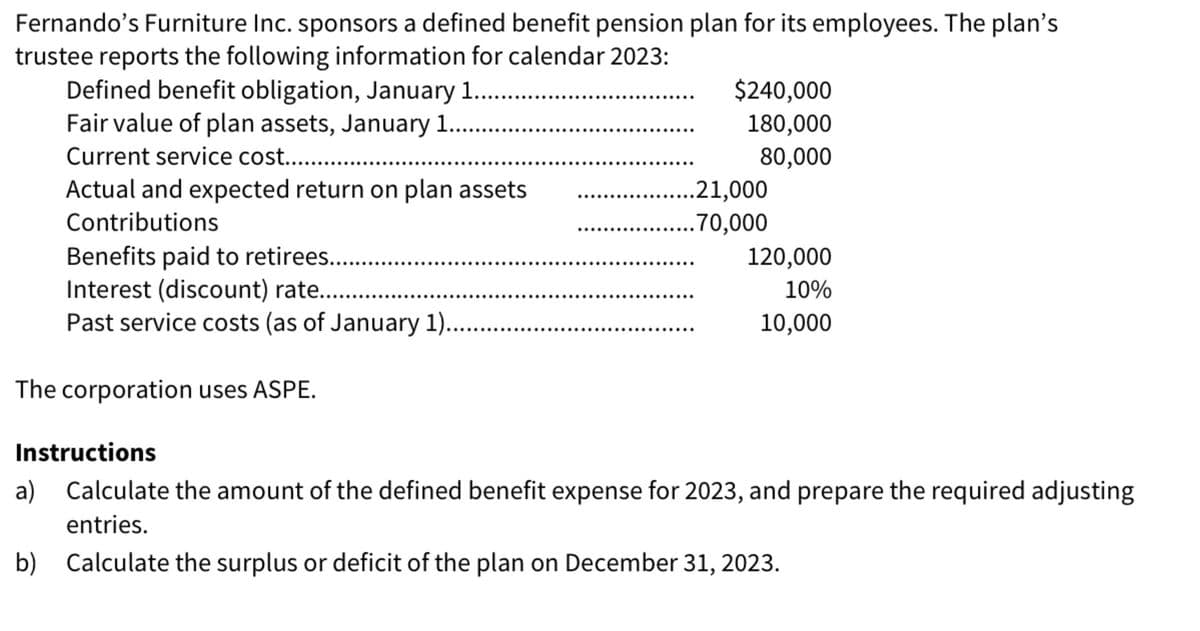 Fernando's Furniture Inc. sponsors a defined benefit pension plan for its employees. The plan's
trustee reports the following information for calendar 2023:
Defined benefit obligation, January 1
Fair value of plan assets, January 1.....
Current service cost.........
$240,000
180,000
80,000
Actual and expected return on plan assets
....21,000
Contributions
.70,000
Benefits paid to retirees.
120,000
Interest (discount) rate.....
10%
Past service costs (as of January 1).
10,000
…………….
The corporation uses ASPE.
Instructions
a)
Calculate the amount of the defined benefit expense for 2023, and prepare the required adjusting
entries.
b) Calculate the surplus or deficit of the plan on December 31, 2023.