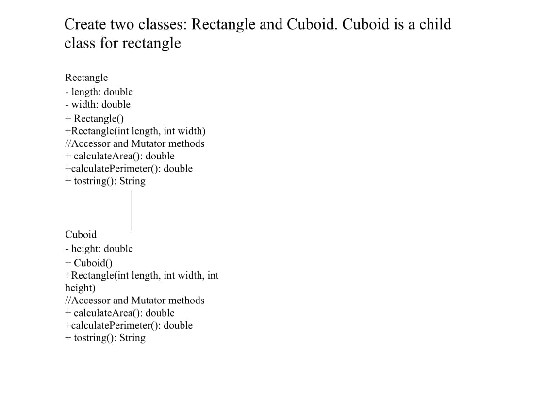 Create two classes: Rectangle and Cuboid. Cuboid is a child
class for rectangle
Rectangle
- length: double
- width: double
+ Rectangle()
+Rectangle(int length, int width)
//Accessor and Mutator methods
+ calculateArea(): double
+calculatePerimeter(): double
+ tostring(): String
Cuboid
- height: double
+ Cuboid()
+Rectangle(int length, int width, int
height)
//Accessor and Mutator methods
+ calculateArea(): double
+calculatePerimeter(): double
+ tostring(): String
