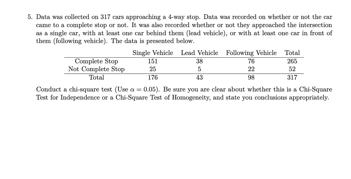 5. Data was collected on 317 cars approaching a 4-way stop. Data was recorded on whether or not the car
came to a complete stop or not. It was also recorded whether or not they approached the intersection
as a single car, with at least one car behind them (lead vehicle), or with at least one car in front of
them (following vehicle). The data is presented below.
Single Vehicle
Lead Vehicle
Following Vehicle
Total
Complete Stop
Not Complete Stop
151
38
76
265
25
22
52
Total
176
43
98
317
Conduct a chi-square test (Use a = 0.05). Be sure you are clear about whether this is a Chi-Square
Test for Independence or a Chi-Square Test of Homogeneity, and state you conclusions appropriately.
