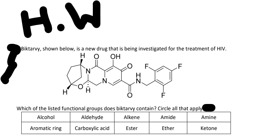 Biktarvy, shown below, is a new drug that is being investigated for the treatment of HIV.
HO
OH
F
N
Josep
N
H
F
F
Which of the listed functional groups does biktarvy contain? Circle all that apply
Alcohol
Aldehyde
Alkene
Amide
Aromatic ring
Carboxylic acid
Ester
Ether
Amine
Ketone
