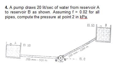 4. A pump draws 20 lit/sec of water from reservoir A
to reservoir B as shown. Assuming f = 0.02 for all
pipes, compute the pressure at point 2 in kPa.
El. 10
200 mm-500 m
PUMP
El. 60
150 mm - 1200 m
El. C
B