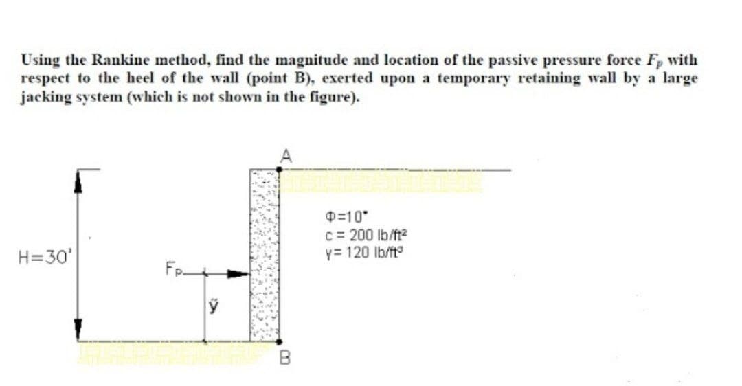 Using the Rankine method, find the magnitude and location of the passive pressure force Fp with
respect to the heel of the wall (point B), exerted upon a temporary retaining wall by a large
jacking system (which is not shown in the figure).
D=10
C = 200 lb/ft2
Y= 120 lb/ft
H=30'
