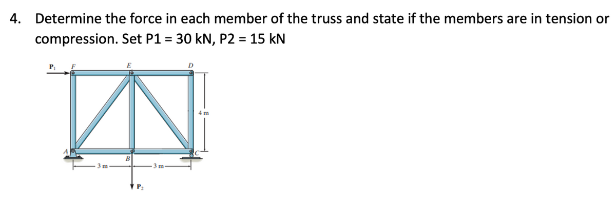 4. Determine the force in each member of the truss and state if the members are in tension or
compression. Set P1 = 30 kN, P2 = 15 kN
P
N
4m
3 m
3 m
P2
