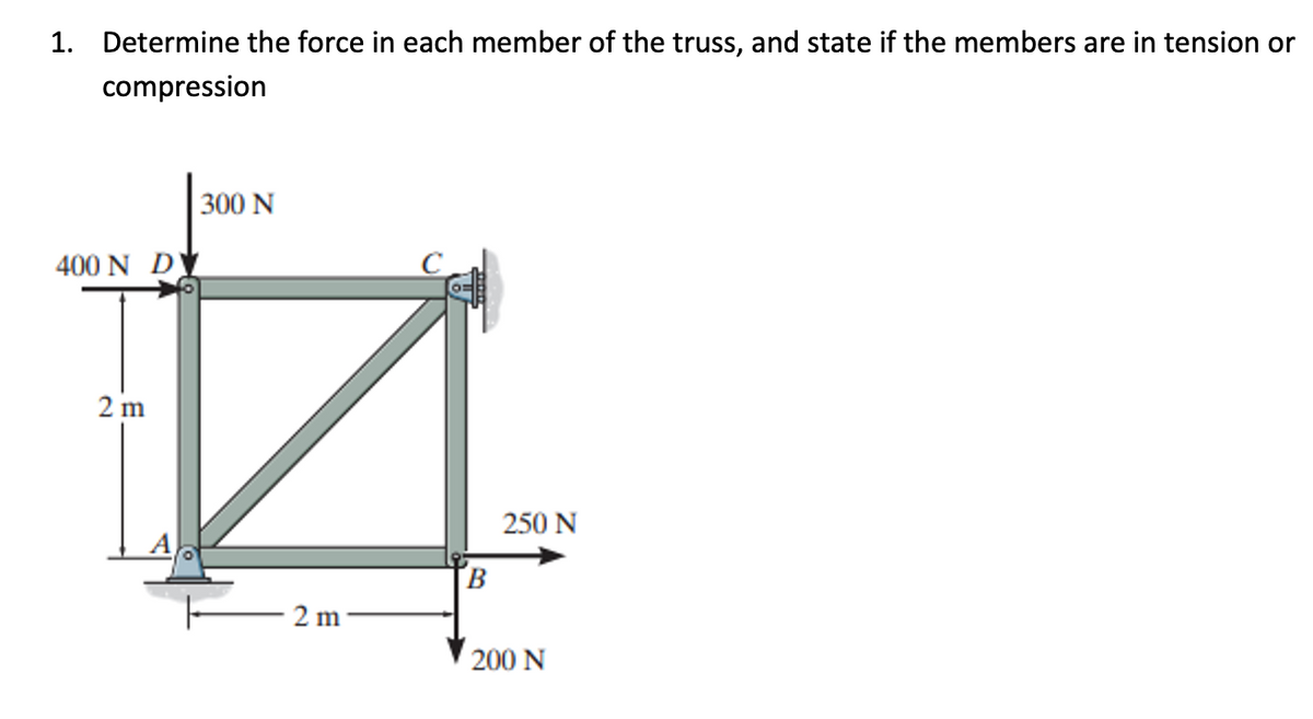 1. Determine the force in each member of the truss, and state if the members are in tension or
compression
300 N
400 N DY
2 m
250 N
[B
2 m
200 N
