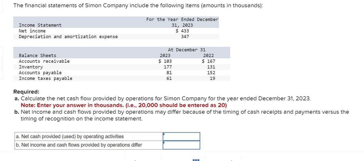 The financial statements of Simon Company include the following items (amounts in thousands):
For the Year Ended December
Income Statement
Net income
Depreciation and amortization expense
Balance Sheets
Accounts receivable
Inventory
Accounts payable
Income taxes payable
Required:
31, 2023
$ 433
347
At December 31
2023
2022
$ 103
$ 167
177
131
81
61
152
19
a. Calculate the net cash flow provided by operations for Simon Company for the year ended December 31, 2023.
Note: Enter your answer in thousands. (i.e., 20,000 should be entered as 20)
b. Net income and cash flows provided by operations may differ because of the timing of cash receipts and payments versus the
timing of recognition on the income statement.
a. Net cash provided (used) by operating activities
b. Net income and cash flows provided by operations differ