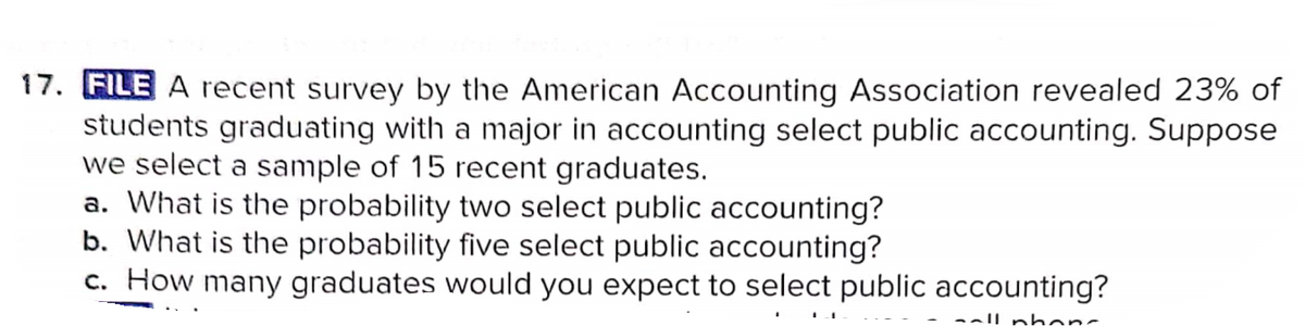 17. FILE A recent survey by the American Accounting Association revealed 23% of
students graduating with a major in accounting select public accounting. Suppose
we select a sample of 15 recent graduates.
a. What is the probability two select public accounting?
b. What is the probability five select public accounting?
c. How many graduates would you expect to select public accounting?
-all phan-
