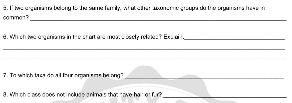 5. If two organisms belong to the same family, what other taxonomic groups do the organisms have in
common?
6. Which two organisms in the chart are most closely related? Explain.
7. To which taxa do all four organisms belong?
8. Which class does not include animals that have hair or fur?
