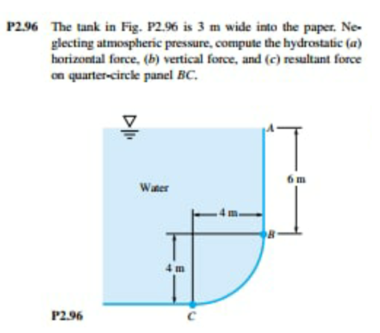 P2.96 The tank in Fig. P2.96 is 3 m wide into the paper. Ne-
glecting atmospheric pressure, compute the hydrostatic (a)
horizontal force, (b) vertical force, and (c) resultant force
on quarter-circle panel BC.
6m
Water
4 m
P2.96
D
