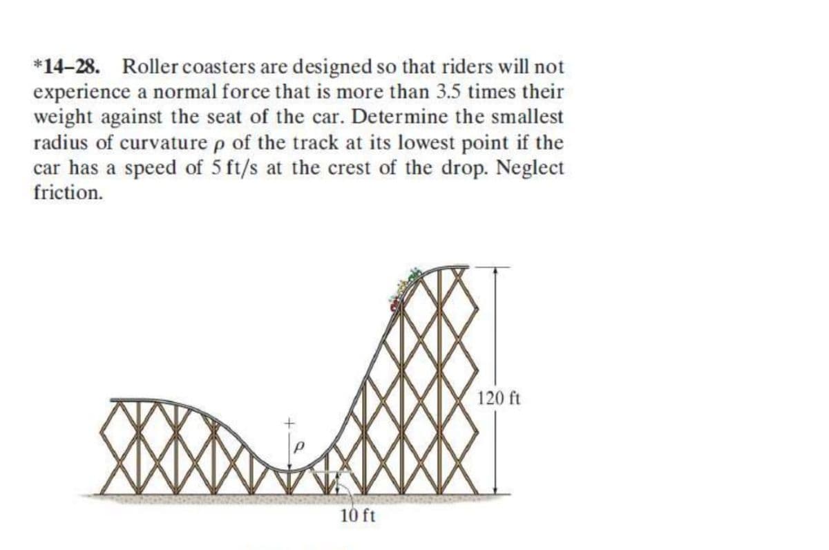 *14-28. Roller coasters are designed so that riders will not
experience a normal force that is more than 3.5 times their
weight against the seat of the car. Determine the smallest
radius of curvature p of the track at its lowest point if the
car has a speed of 5 ft/s at the crest of the drop. Neglect
friction.
☆
10 ft
120 ft