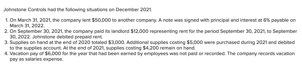 Johnstone Controls had the following situations on December 2021.
1. On March 31, 2021, the company lent $50,000 to another company. A note was signed with principal and interest at 6% payable on
March 31, 2022.
2. On September 30, 2021, the company paid its landlord $12,000 representing rent for the period September 30, 2021, to September
30, 2022. Johnstone debited prepaid rent.
3. Supplies on hand at the end of 2020 totaled $3,000. Additional supplies costing $5,000 were purchased during 2021 and debited
to the supplies account. At the end of 2021, supplies costing $4,200 remain on hand.
4. Vacation pay of $6,000 for the year that had been earned by employees was not paid or recorded. The company records vacation
pay as salaries expense.
