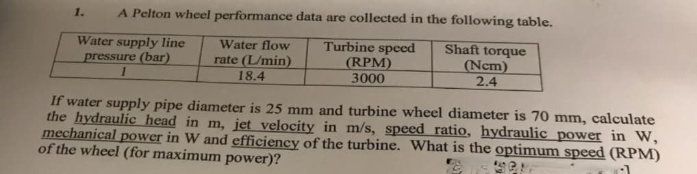 1.
A Pelton wheel performance data are collected in the following table.
Turbine speed
(RPM)
3000
Shaft torque
Water supply line
pressure (bar)
Water flow
rate (L/min)
(Ncm)
2.4
18.4
If water supply pipe diameter is 25 mm and turbine wheel diameter is 70 mm, calculate
the hydraulic head in m, jet velocity in m/s, speed ratio, hydraulic power in W,
mechanical power in W and efficiency of the turbine. What is the optimum speed (RPM)
of the wheel (for maximum power)?
