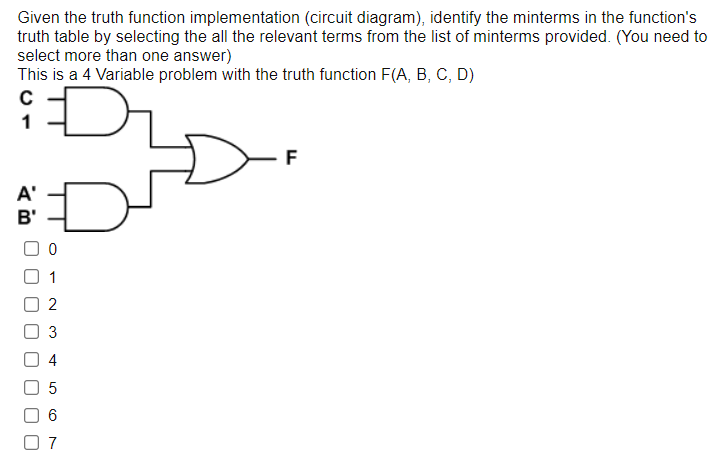Given the truth function implementation (circuit diagram), identify the minterms in the function's
truth table by selecting the all the relevant terms from the list of minterms provided. (You need to
select more than one answer)
This is a 4 Variable problem with the truth function F(A, B, C, D)
1
F
A'
B'
1
2
O 3
4
6
O 7
