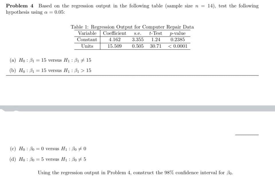 Problem 4 Based on the regression output in the following table (sample size n = 14), test the following
hypothesis using a = 0.05:
Table 1: Regression Output for Computer Repair Data
Variable Coefficient
s.e. t-Test p-value
3.355 1.24 0.2385
Constant
4.162
Units
15.509 0.505 30.71 <0.0001
(a) Ho 3115 versus H₁ : 31 # 15
:
=
(b) Ho 31 15 versus H₁: 3₁ > 15
:
=
(c) Ho 300 versus H₁: 30 0
:
=
(d) Ho So 5 versus H₁: 30 # 5
=
Using the regression output in Problem 4, construct the 98% confidence interval for 30.