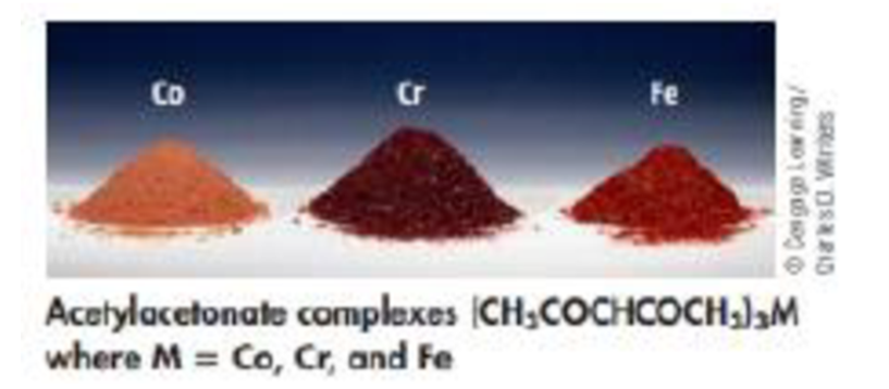 Co
Cr
Fe
Acetylacetonate complexes (CH;COCHCOCH:JaM
where M = Co, Cr, and Fe

