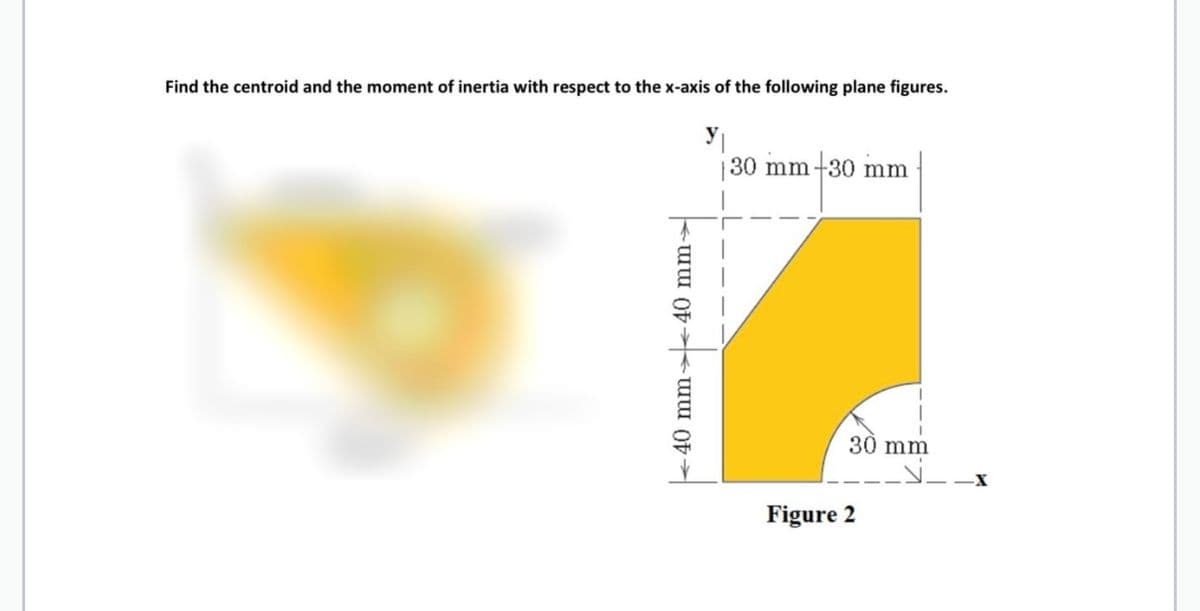 Find the centroid and the moment of inertia with respect to the x-axis of the following plane figures.
|30 mm-30 mm
30 mm
Figure 2
<40 mm→<40 mm>
