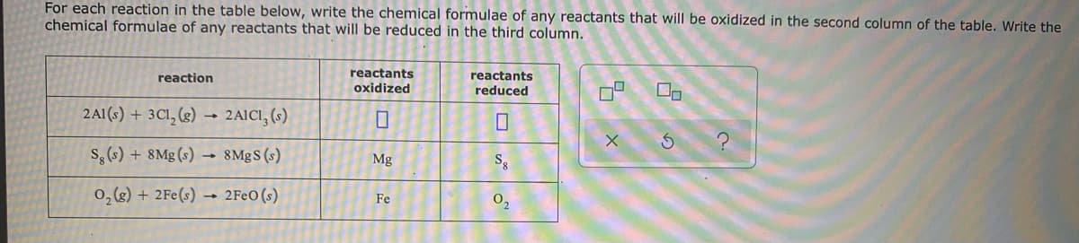 For each reaction in the table below, write the chemical formulae of any reactants that will be oxidized in the second column of the table. Write the
chemical formulae of any reactants that will be reduced in the third column.
reactants
oxidized
reaction
reactants
reduced
2A1(s) + 3Cl, (g)
2 AICI, (s)
S, (s) + 8Mg (s) → 8Mg S (s)
Mg
0, (2)
+ 2Fe(s) →
2FEO (s)
Fe
0,
