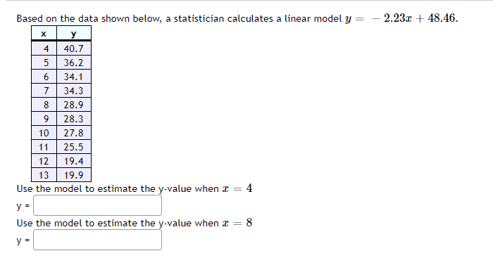 Based on the data shown below, a statistician calculates a linear model y
=
X
y
4
40.7
5
36.2
6
34.1
7
34.3
8
28.9
9
28.3
10
27.8
11
25.5
12
19.4
13
19.9
Use the model to estimate the y-value when I = 4
y =
Use the model to estimate the y-value when x = 8
y =
2.23x + 48.46.