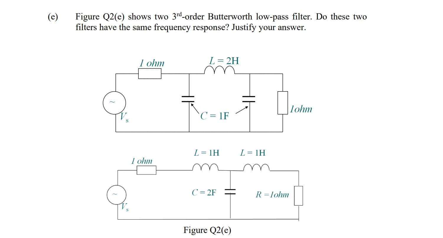 Figure Q2(e) shows two 3rd-order Butterworth low-pass filter. Do these two
filters have the same frequency response? Justify your answer.
1 ohm
L = 2H
|lohm
C = 1F
L = 1H
L = 1H
1 ohm
C = 2F
R =lohm
Figure Q2(e)
(c)

