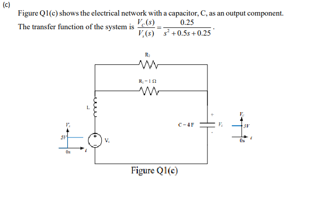 (c)
Figure Q1(c) shows the electrical network with a capacitor, C, as an output component.
V (s)
V (s) s? +0.5s +0.25
0.25
The transfer function of the system is
!!
in
R-12
C-4F
Os
Figure Q1(c)
