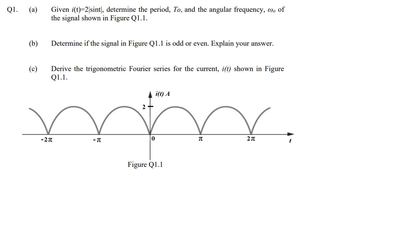 Q1.
Given i(t)=2|sint|, determine the period, To, and the angular frequency, w, of
the signal shown in Figure Q1.1.
(a)
(b)
Determine if the signal in Figure Q1.1 is odd or even. Explain your answer.
Derive the trigonometric Fourier series for the current, i(t) shown in Figure
Q1.1.
(c)
min.
i(t) A
Figure Q1.1
