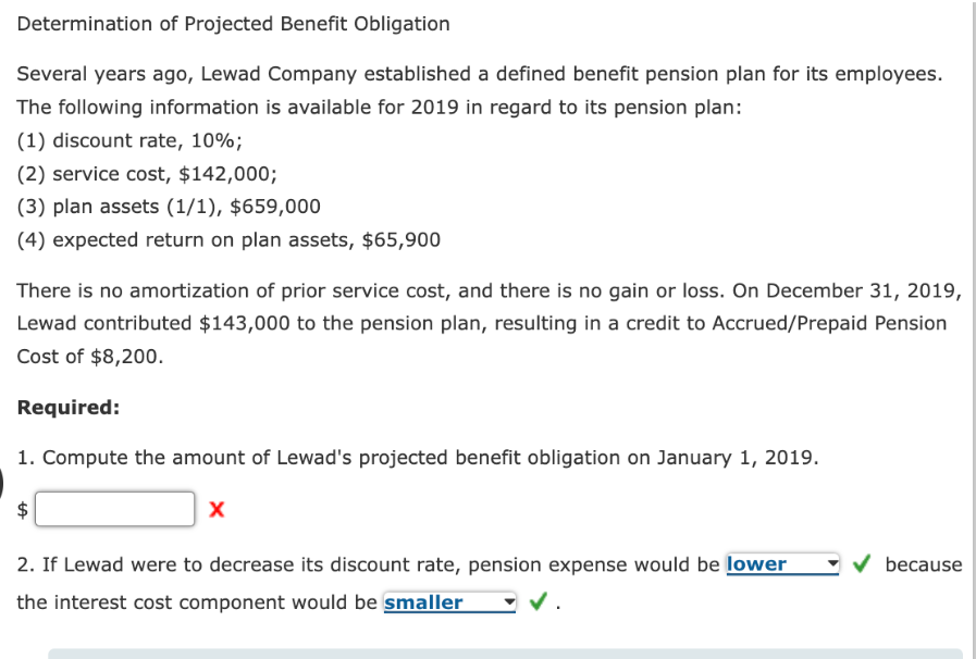 Determination of Projected Benefit Obligation
Several years ago, Lewad Company established a defined benefit pension plan for its employees.
The following information is available for 2019 in regard to its pension plan:
(1) discount rate, 10%;
(2) service cost, $142,000;
(3) plan assets (1/1), $659,000
(4) expected return on plan assets, $65,900
There is no amortization of prior service cost, and there is no gain or loss. On December 31, 2019,
Lewad contributed $143,000 to the pension plan, resulting in a credit to Accrued/Prepaid Pension
Cost of $8,200.
Required:
1. Compute the amount of Lewad's projected benefit obligation on January 1, 2019.
$
+A
2. If Lewad were to decrease its discount rate, pension expense would be lower
the interest cost component would be smaller
because