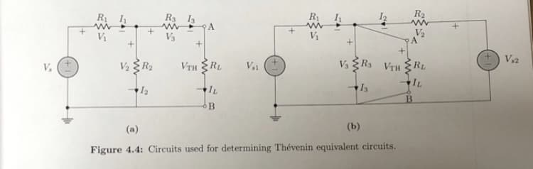 Rs I3
A.
R I
R2
Vị
V3
V1
Va
A
V,
V2 R2
V,1
Vs R VTH
RL
IL
(a)
(b)
Figure 4.4: Circuits used for determining Thévenin equivalent circuits.
