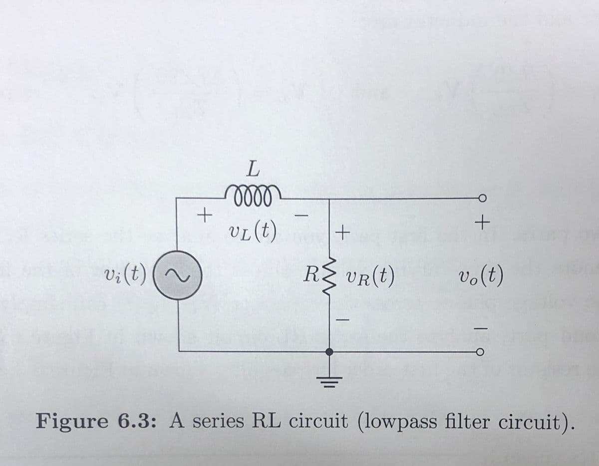 L
ll
VL (t)
v;(t)
RE VR(t)
vo(t)
-
-
Figure 6.3: A series RL circuit (lowpass filter circuit).
