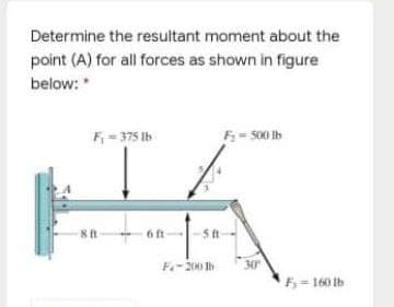 Determine the resultant moment about the
point (A) for all forces as shown in figure
below: *
F - 375 Ib
F = 500 Ib
6ft
F-200 Ih
30
Fy = 160 lb
