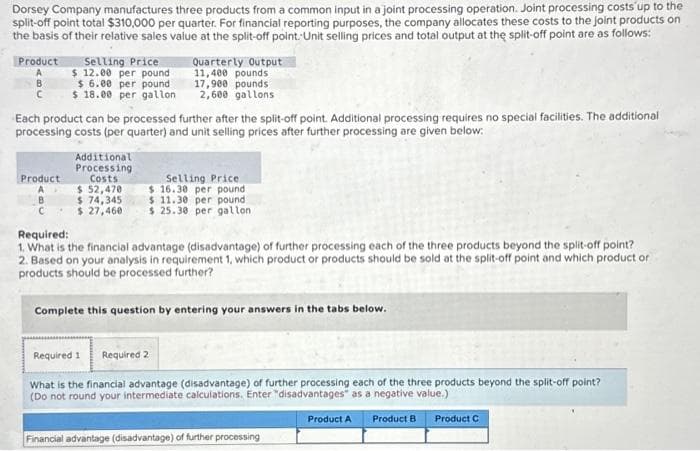 Dorsey Company manufactures three products from a common input in a joint processing operation. Joint processing costs up to the
split-off point total $310,000 per quarter. For financial reporting purposes, the company allocates these costs to the joint products on
the basis of their relative sales value at the split-off point. Unit selling prices and total output at the split-off point are as follows:
Product
A
B
Product
A
Selling Price
$ 12.00 per pound
$6.00 per pound
$ 18.00 per gallon
Each product can be processed further after the split-off point. Additional processing requires no special facilities. The additional
processing costs (per quarter) and unit selling prices after further processing are given below:
B
C
Quarterly Output
11,400 pounds
17,900 pounds
2,600 gallons
Additional
Processing
Costs
$ 52,470
$ 74,345
$27,460
Selling Price
$16.30 per pound
$ 11.30 per pound
$ 25.30 per gallon
Required:
1. What is the financial advantage (disadvantage) of further processing each of the three products beyond the split-off point?
2. Based on your analysis in requirement 1, which product or products should be sold at the split-off point and which product or
products should be processed further?
Complete this question by entering your answers in the tabs below.
Required 1
Required 2
What is the financial advantage (disadvantage) of further processing each of the three products beyond the split-off point?
(Do not round your intermediate calculations. Enter "disadvantages" as a negative value.)
Product A Product B Product C
Financial advantage (disadvantage) of further processing