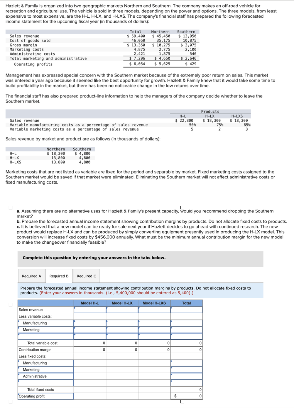 Hazlett & Family is organized into two geographic markets Northern and Southern. The company makes an off-road vehicle for
recreation and agricultural use. The vehicle is sold in three models, depending on the power and options. The three models, from least
expensive to most expensive, are the H-L, H-LX, and H-LXS. The company's financial staff has prepared the following forecasted
income statement for the upcoming fiscal year (in thousands of dollars):
Sales revenue
Cost of goods sold
Gross margin
Marketing costs
Administrative costs
Total marketing and administrative
Operating profits
Management has expressed special concern with the Southern market because of the extremely poor return on sales. This market
was entered a year ago because it seemed like the best opportunity for growth. Hazlett & Family knew that it would take some time to
build profitability in the market, but there has been no noticeable change in the low returns over time.
H-L
H-LX
H-LXS
The financial staff has also prepared product-line information to help the managers of the company decide whether to leave the
Southern market.
Sales revenue
Variable manufacturing costs as a percentage of sales revenue
Variable marketing costs as a percentage of sales revenue
Sales revenue by market and product are as follows (in thousands of dollars):
Northern
$ 18,300
13,800
13,800
0
Required A Required B Required C
Complete this question by entering your answers in the tabs below.
Sales revenue
Less variable costs:
Manufacturing
Marketing
Total
$59,400
46,050
$ 13,350
4,875
2,421
$ 7,296
$ 6,054
Southern
$ 4,800
4,800
4,800
Total variable cost
Contribution margin
Less fixed costs:
Northern
$ 45,450
35,175
$ 10,275
2,775
1,875
$ 4,650
$ 5,625
Marketing costs that are not listed as variable are fixed for the period and separable by market. Fixed marketing costs assigned to the
Southern market would be saved if that market were eliminated. Eliminating the Southern market will not affect administrative costs or
fixed manufacturing costs.
Manufacturing
Marketing
Administrative
☐
a. Assuming there are no alternative uses for Hazlett & Family's present capacity, would you recommend dropping the Southern
market?
b. Prepare the forecasted annual income statement showing contribution margins by products. Do not allocate fixed costs to products.
c. It is believed that a new model can be ready for sale next year if Hazlett decides to go ahead with continued research. The new
product would replace H-LX and can be produced by simply converting equipment presently used in producing the H-LX model. This
conversion will increase fixed costs by $456,000 annually. What must be the minimum annual contribution margin for the new model
to make the changeover financially feasible?
Total fixed costs
Operating profit
0
0
Prepare the forecasted annual income statement showing contribution margins by products. Do not allocate fixed costs to
products. (Enter your answers in thousands. (i.e., 5,400,000 should be entered as 5,400).)
Model H-L
Model H-LX
Southern
$ 13,950
10,875
$ 3,075
2,100
546
$ 2,646
$ 429
0
0
H-L
$ 22,800
Model H-LXS
0
0
50%
5
$
Products
H-LX
$ 18,300
Total
75%
2
H-LXS
$ 18,300
65%
3
0
0
0
0
