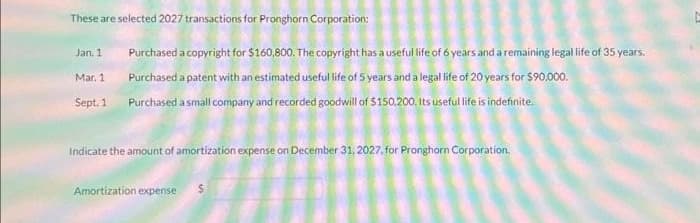 These are selected 2027 transactions for Pronghorn Corporation:
Jan. 1
Mar. 1
Sept. 1
Purchased a copyright for $160,800. The copyright has a useful life of 6 years and a remaining legal life of 35 years.
Purchased a patent with an estimated useful life of 5 years and a legal life of 20 years for $90,000.
Purchased a small company and recorded goodwill of $150.200. Its useful life is indefinite.
Indicate the amount of amortization expense on December 31, 2027. for Pronghorn Corporation.
Amortization expense S