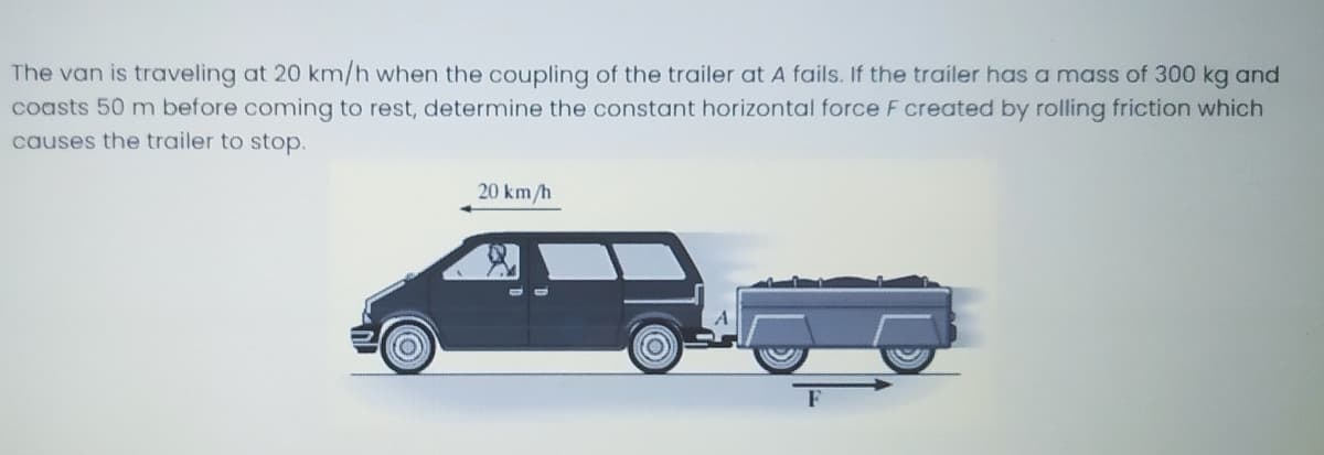 The van is troaveling at 20 km/h when the coupling of the trailer at A fails. If the trailer has a mass of 300 kg and
coasts 50 m before coming to rest, determine the constant horizontal force F created by rolling friction which
causes the trailer to stop.
20 km/h
