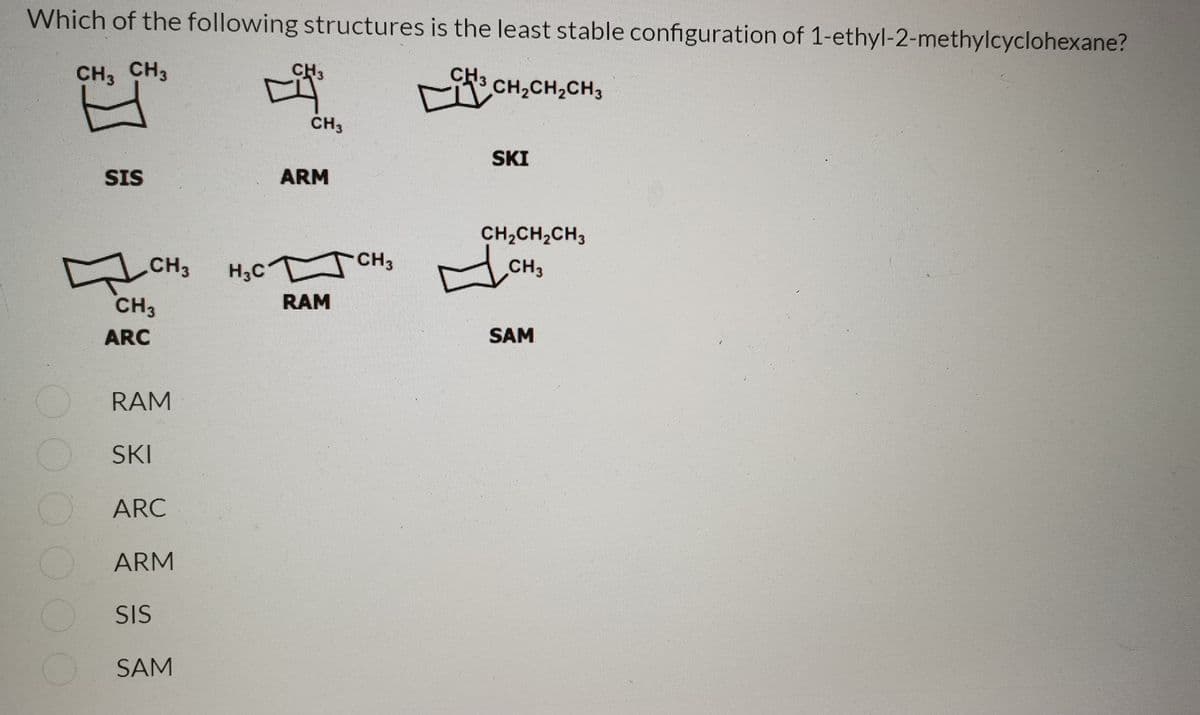 Which of the following structures is the least stable configuration of 1-ethyl-2-methylcyclohexane?
CH3 CH3
CH3
CH3
CH2CH,CH3
CH3
SKI
SIS
ARM
CH2CH,CH,
CH3
H3c
CH3
CH3
CH3
RAM
ARC
SAM
RAM
SKI
ARC
ARM
SIS
SAM
