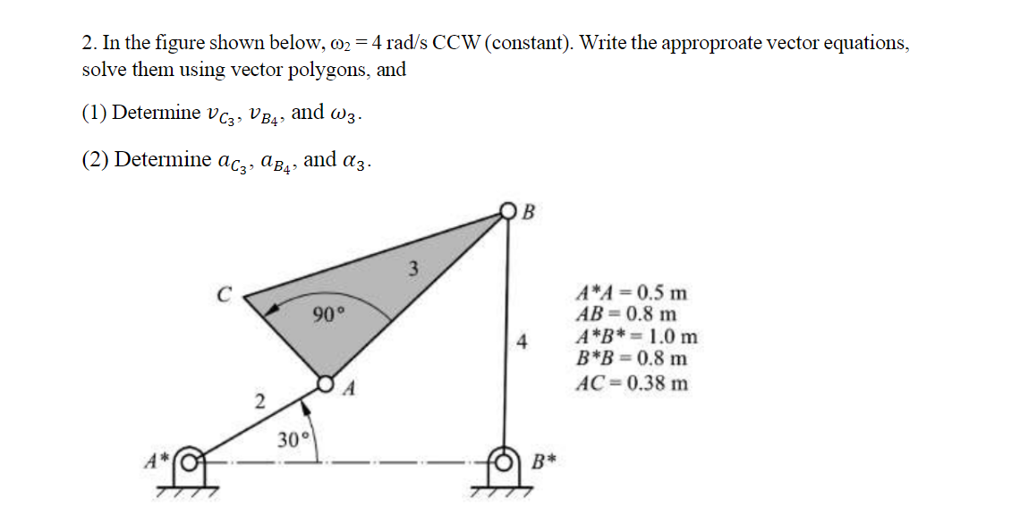 2. In the figure shown below, 02 =4 rad/s CCW (constant). Write the approproate vector equations,
solve them using vector polygons, and
(1) Determine
V C3>
and w3.
V B4?
(2) Determine ac3, AB4?
and az.
3
A*A = 0.5 m
AB= 0.8 m
A*B*= 1.0 m
B*B = 0.8 m
90°
4
АС - 0.38 m
30°
B*
