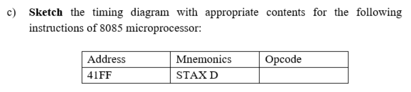 c)
Sketch the timing diagram with appropriate contents for the following
instructions of 8085 microprocessor:
Address
Mnemonics
Орcode
41FF
STAX D
