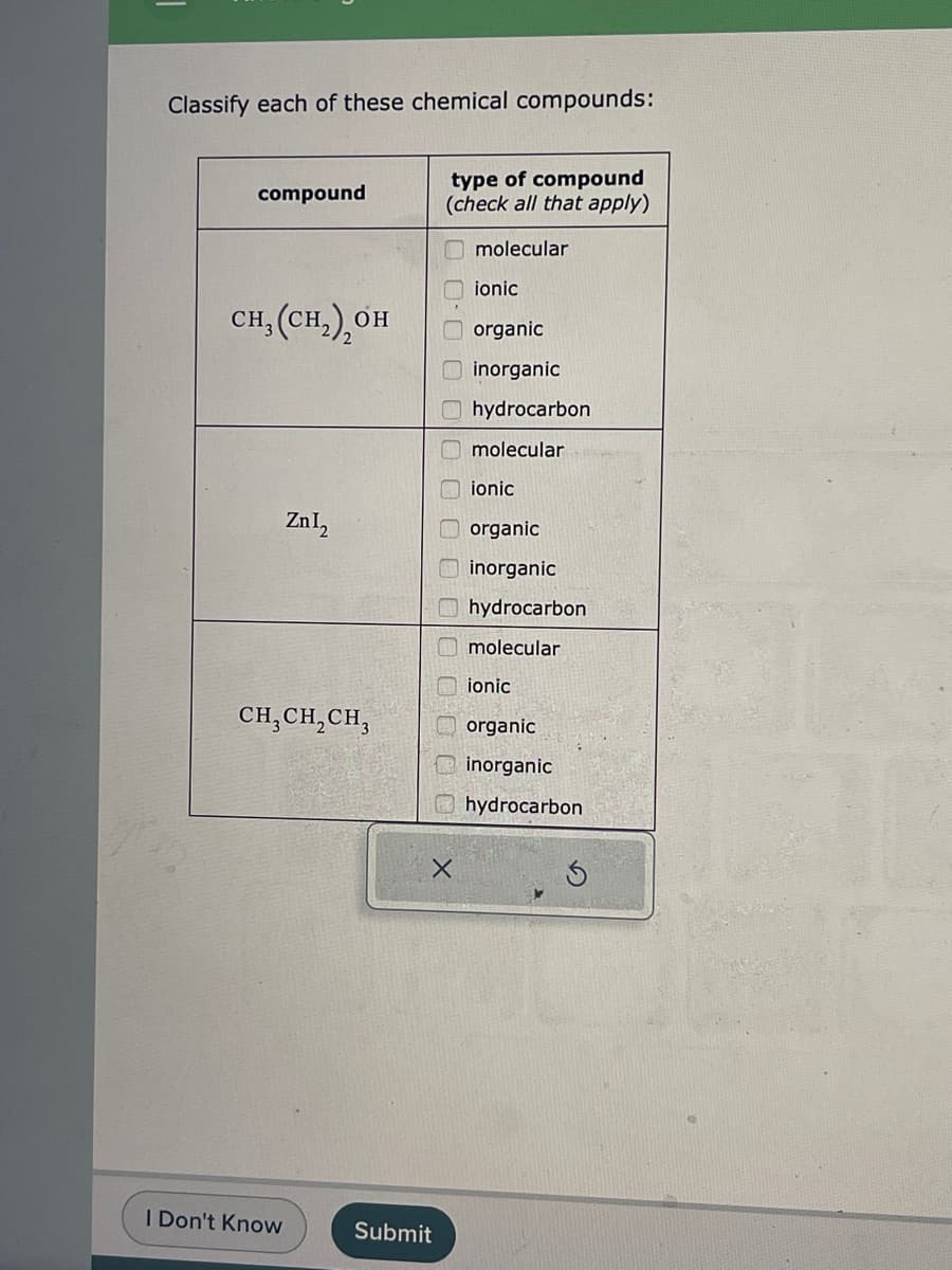 Classify each of these chemical compounds:
compound
CH, (CH₂)₂OH
ZnI₂
CH₂CH₂CH3
I Don't Know
type of compound
(check all that apply)
molecular
Submit
00
00000
0.0
X
ionic
organic
inorganic
hydrocarbon
molecular
ionic
organic
inorganic
hydrocarbon
molecular
ionic
organic
inorganic
hydrocarbon