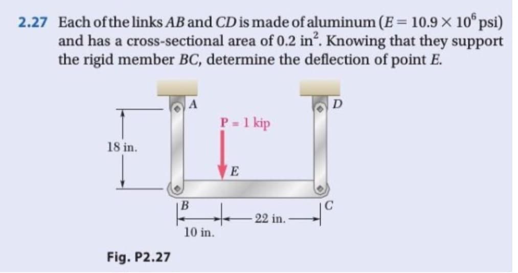 2.27 Each of the links AB and CD is made of aluminum (E = 10.9 × 10 psi)
and has a cross-sectional area of 0.2 in². Knowing that they support
the rigid member BC, determine the deflection of point E.
18 in.
Fig. P2.27
B
10 in.
P = 1 kip
E
22 in.