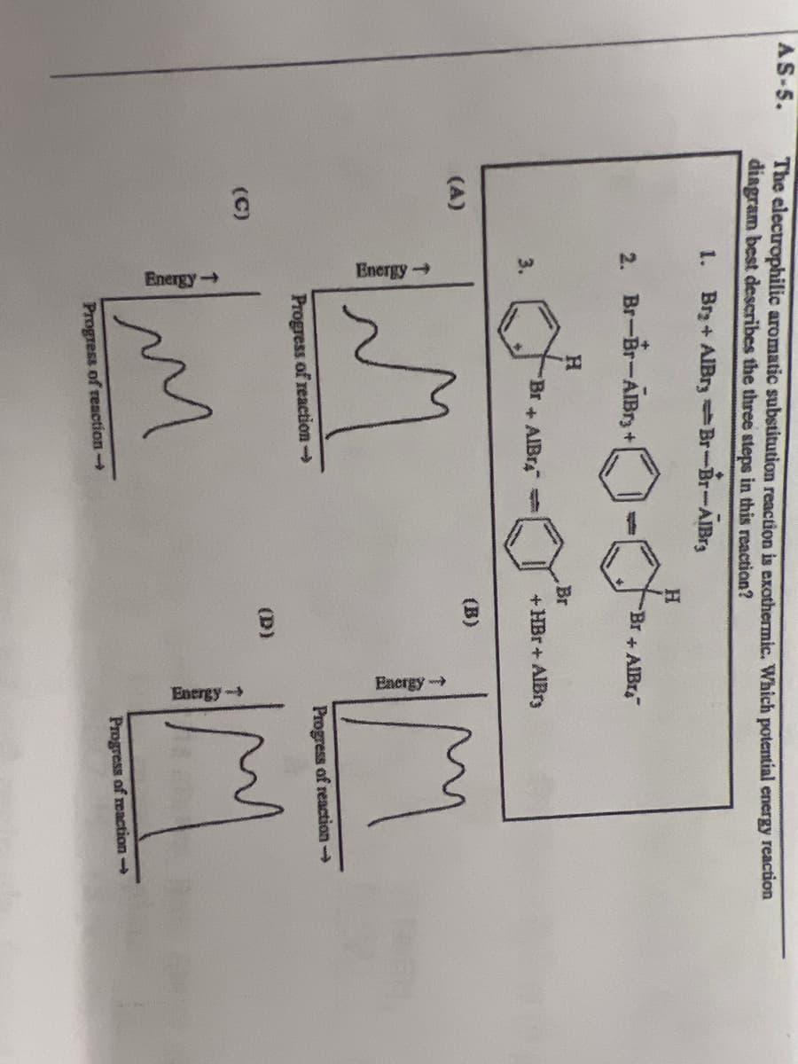 AS-5.
The electrophilic aromatic substitution reaction is exothermic. Which potential energy reaction
diagram best describes the three steps in this reaction?
(A)
@
Energy →
Energy →
1. Bry+ AlBry Br-Br-AlBra
2. Br-Br-AlBr3+
H
Br+ AlBr
H
Br
3.
Br+AlBr
+ HBr + AlBry
(B)
Energy-
Progress of reaction →
(D)
Progress of reaction-
м
Progress of reaction→
Energy
Progress of reaction →