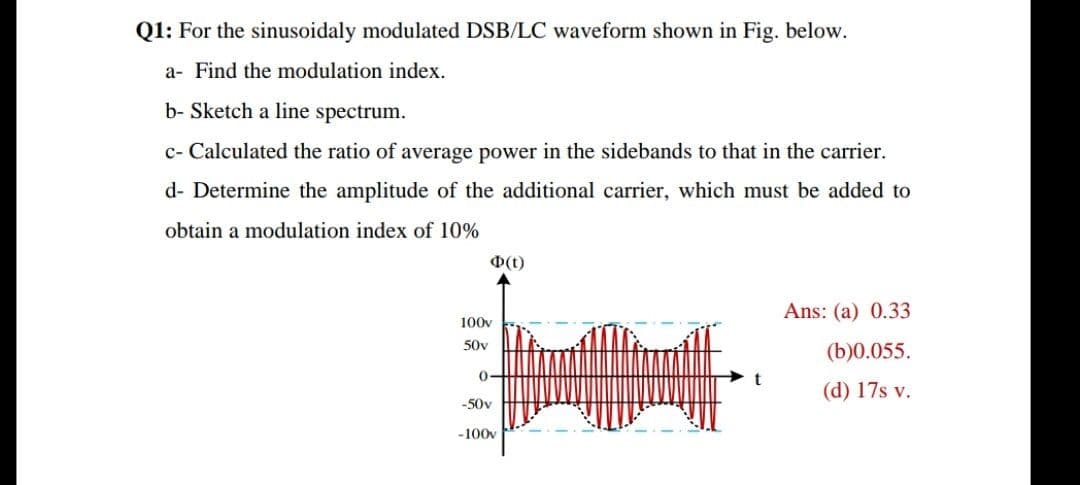 Q1: For the sinusoidaly modulated DSB/LC waveform shown in Fig. below.
a- Find the modulation index.
b- Sketch a line spectrum.
c- Calculated the ratio of average power in the sidebands to that in the carrier.
d- Determine the amplitude of the additional carrier, which must be added to
obtain a modulation index of 10%
D(t)
Ans: (a) 0.33
100v
50y
(b)0.055.
0-
(d) 17s v.
-50v
-100v
