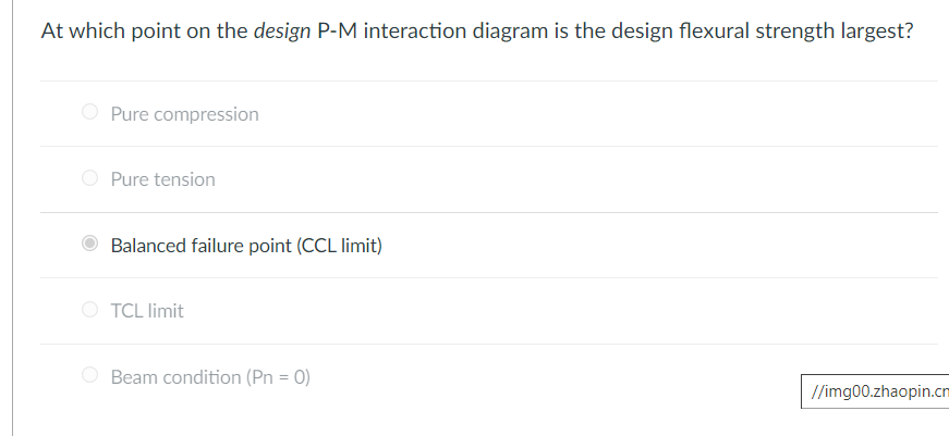 At which point on the design P-M interaction diagram is the design flexural strength largest?
O Pure compression
Pure tension
Balanced failure point (CCL limit)
O TCL limit
Beam condition (Pn = 0)
%3D
//img00.zhaopin.cm
