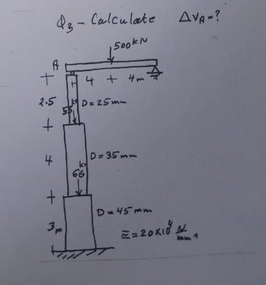 Q3- Calculate
500kN
A
+
2.5
+
4
+
3m
4 + 4m
kD=25mm
ke
66
D=35mm
D=45mm
Z=20x10
AVA-?
1